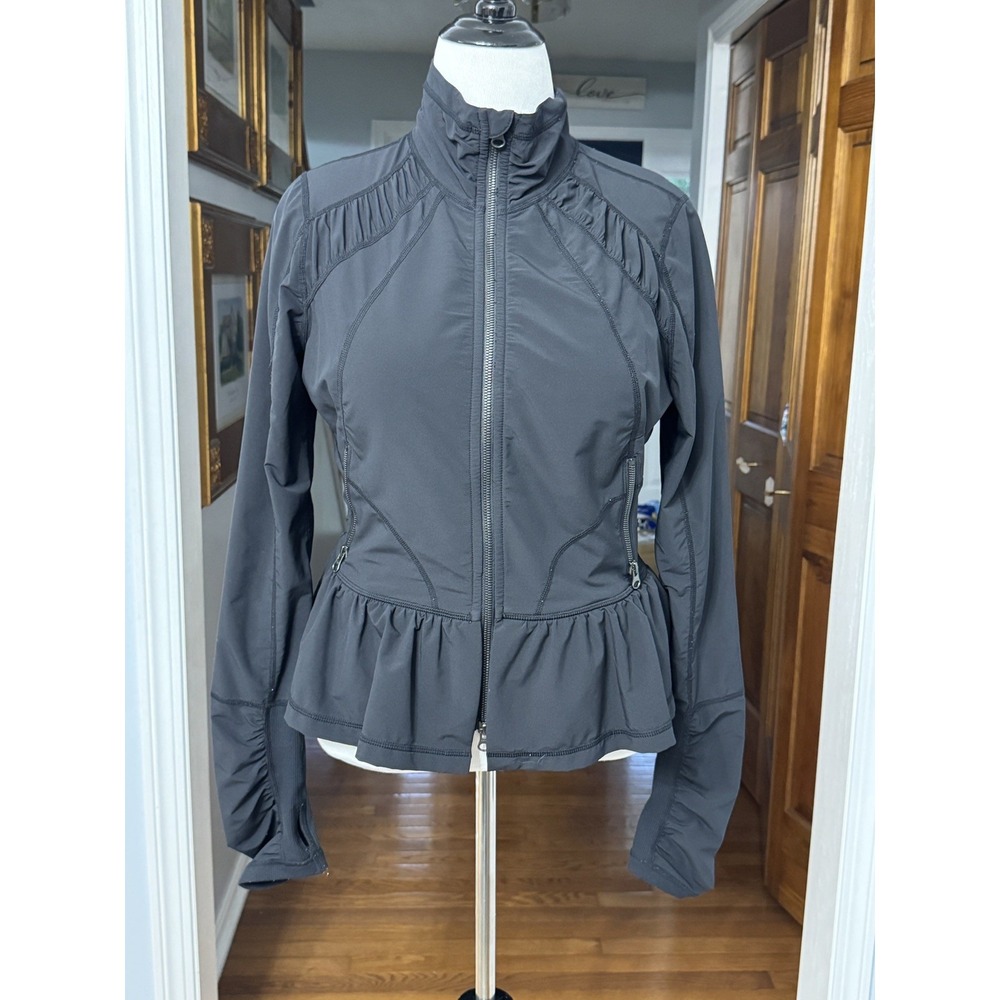 ZELLA Ruched Ruffle Black Hooded Zip Jacket Size Large